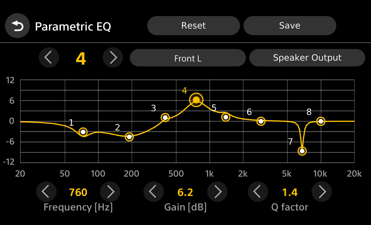 Muster-Benutzeroberfläche zeigt 8-Band-Equalizer-Funktion und die verfügbaren Optionen